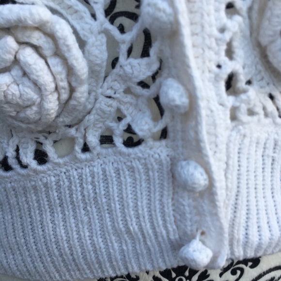 Vintage 90s Erika White Floral Crochet Cardigan Sweater Cotton Ramie L Cottage - Picture 9 of 12